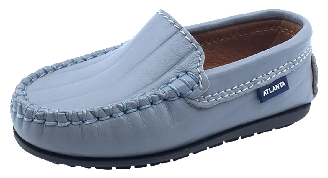 Atlanta Mocassin Boy's and Girl's Leather Embossed Stripe Loafers, Stone Grey