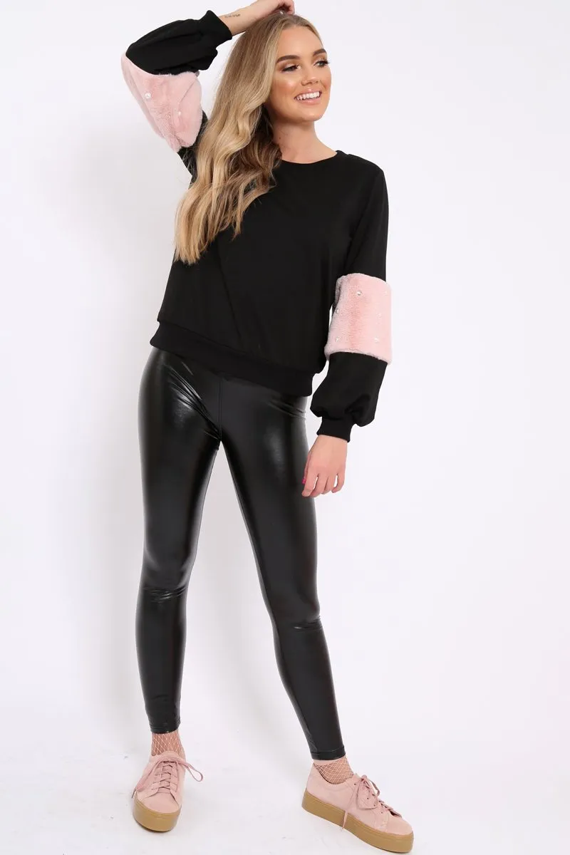 Black Jumper with Fur and Pearl Sleeves - Izabella