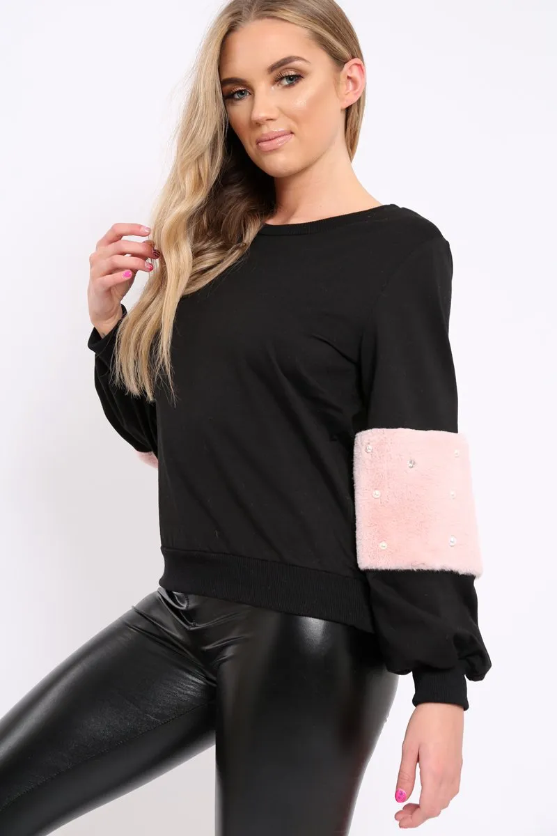 Black Jumper with Fur and Pearl Sleeves - Izabella