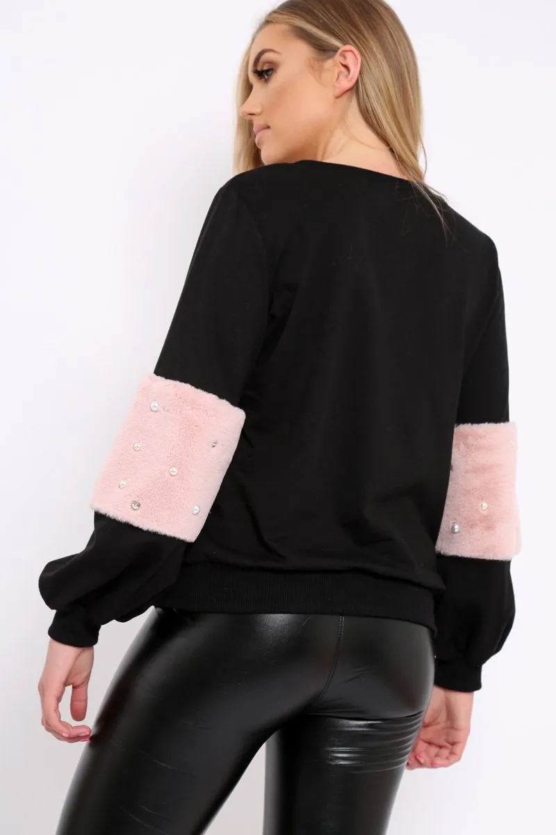 Black Jumper with Fur and Pearl Sleeves - Izabella