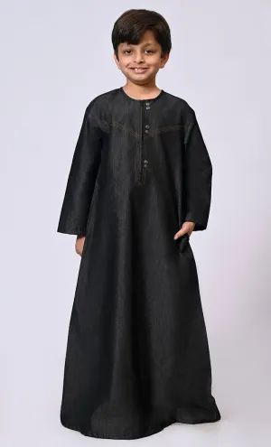 Boy's Black Denim Thobe With Show Buttons and Pockets