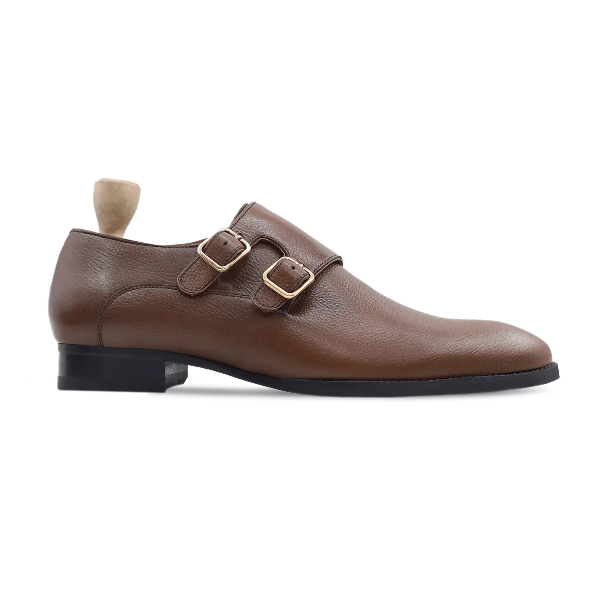 Chernihiv - Men's Brown Pebble Grain Leather Double Monkstrap Shoe