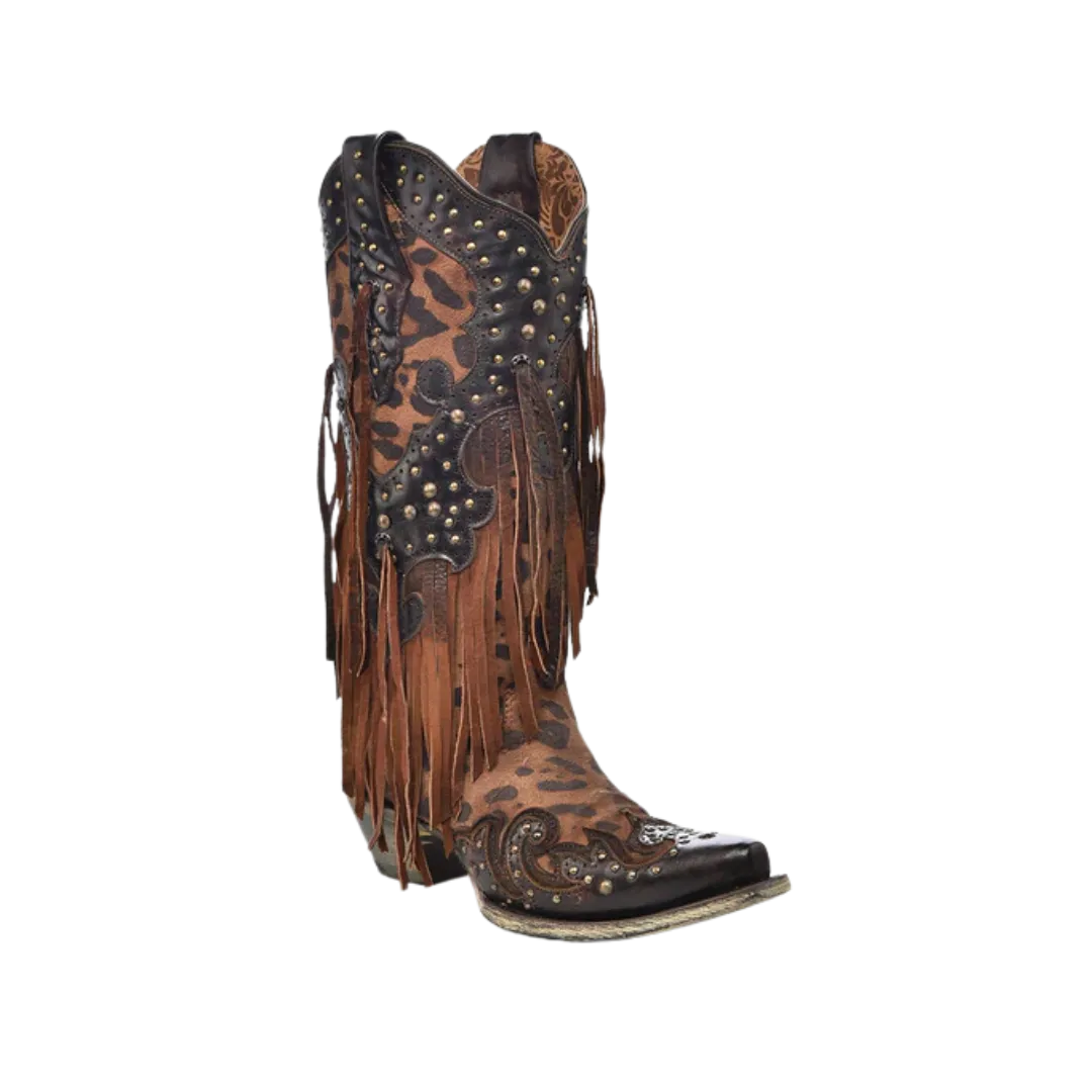 Corral Women's Leopard Print With Fringe And Studs Snip Toe Cowboy Brown Boot