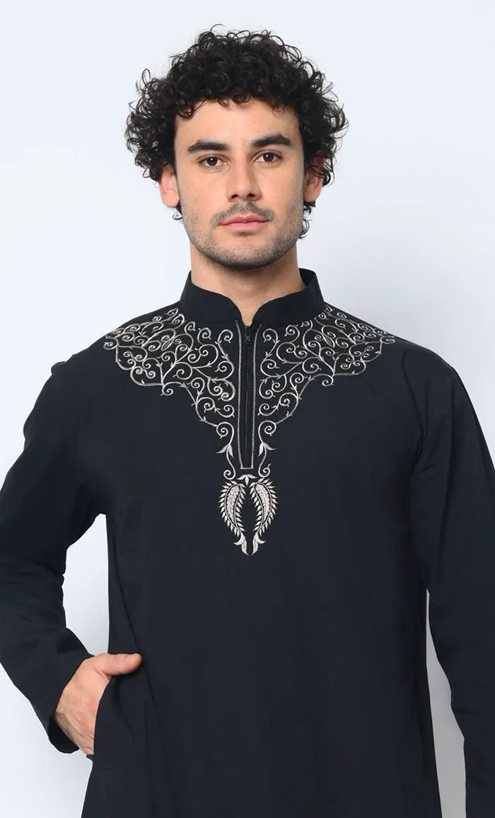 Cultural Heritage: Men's Black Thobe with Beautiful Arabic Embroidery