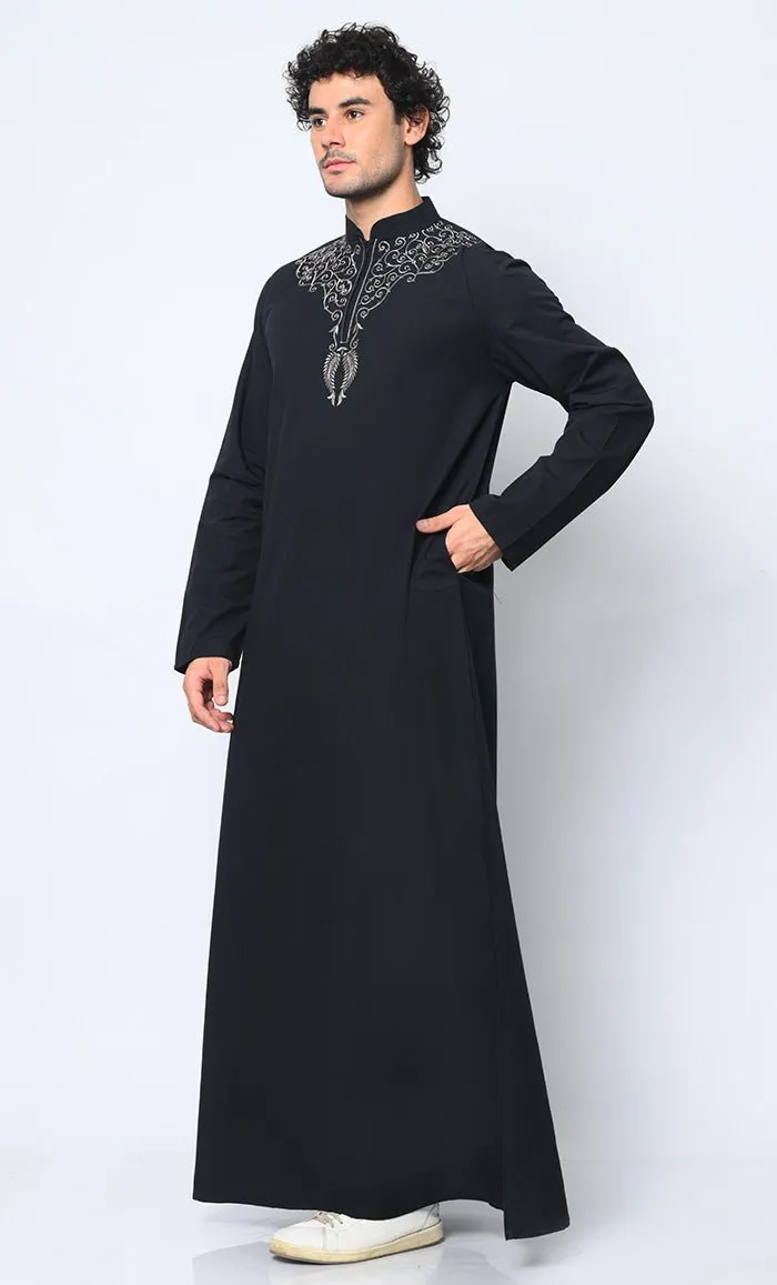 Cultural Heritage: Men's Black Thobe with Beautiful Arabic Embroidery