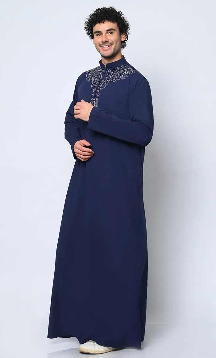 Cultural Heritage: Men's Navy Thobe with Beautiful Arabic Embroidery