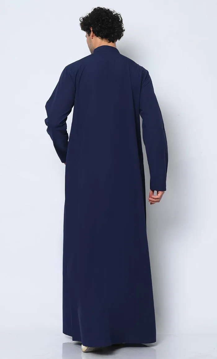 Cultural Heritage: Men's Navy Thobe with Beautiful Arabic Embroidery