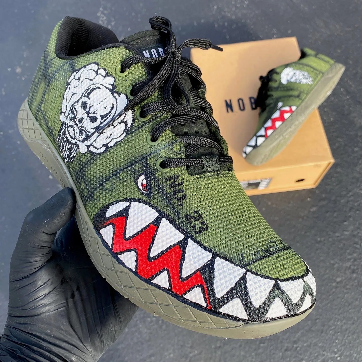 Custom Painted Army Green Warhead Bomber Shark Skull NOBULL Trainers