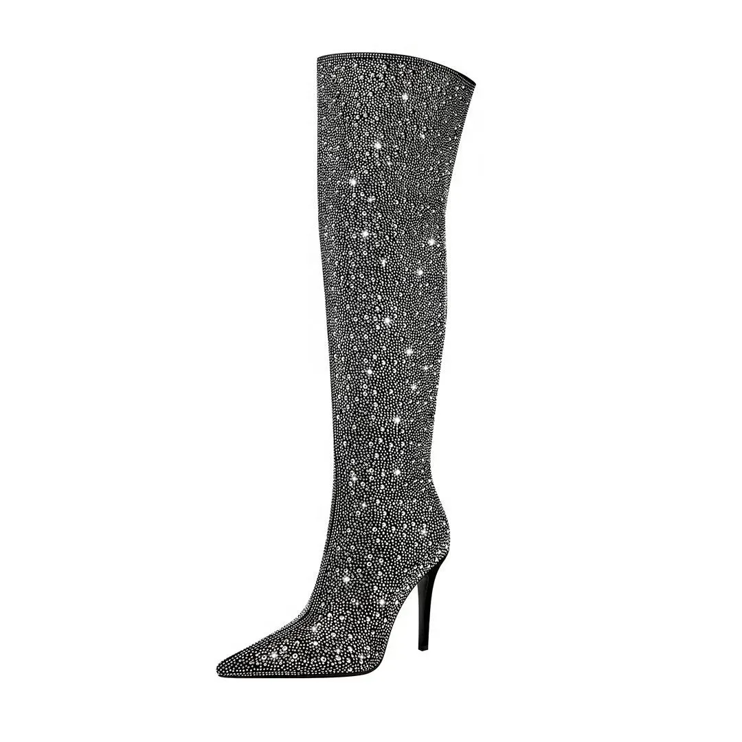 Elegant Crystal Pointed Toe Ultra High Heel Boots