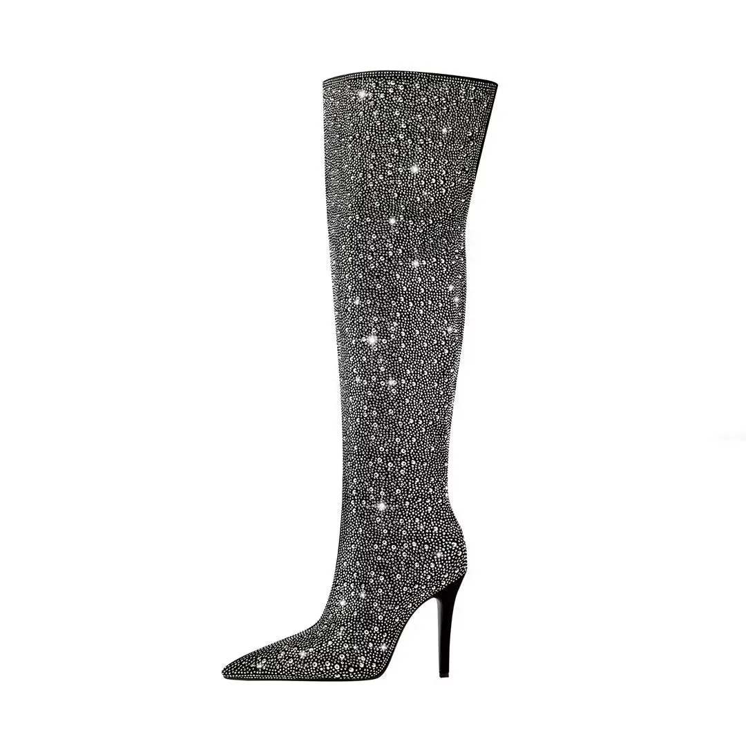 Elegant Crystal Pointed Toe Ultra High Heel Boots