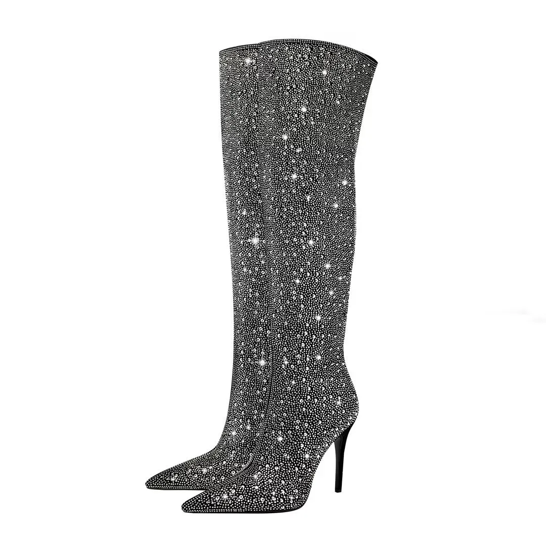 Elegant Crystal Pointed Toe Ultra High Heel Boots