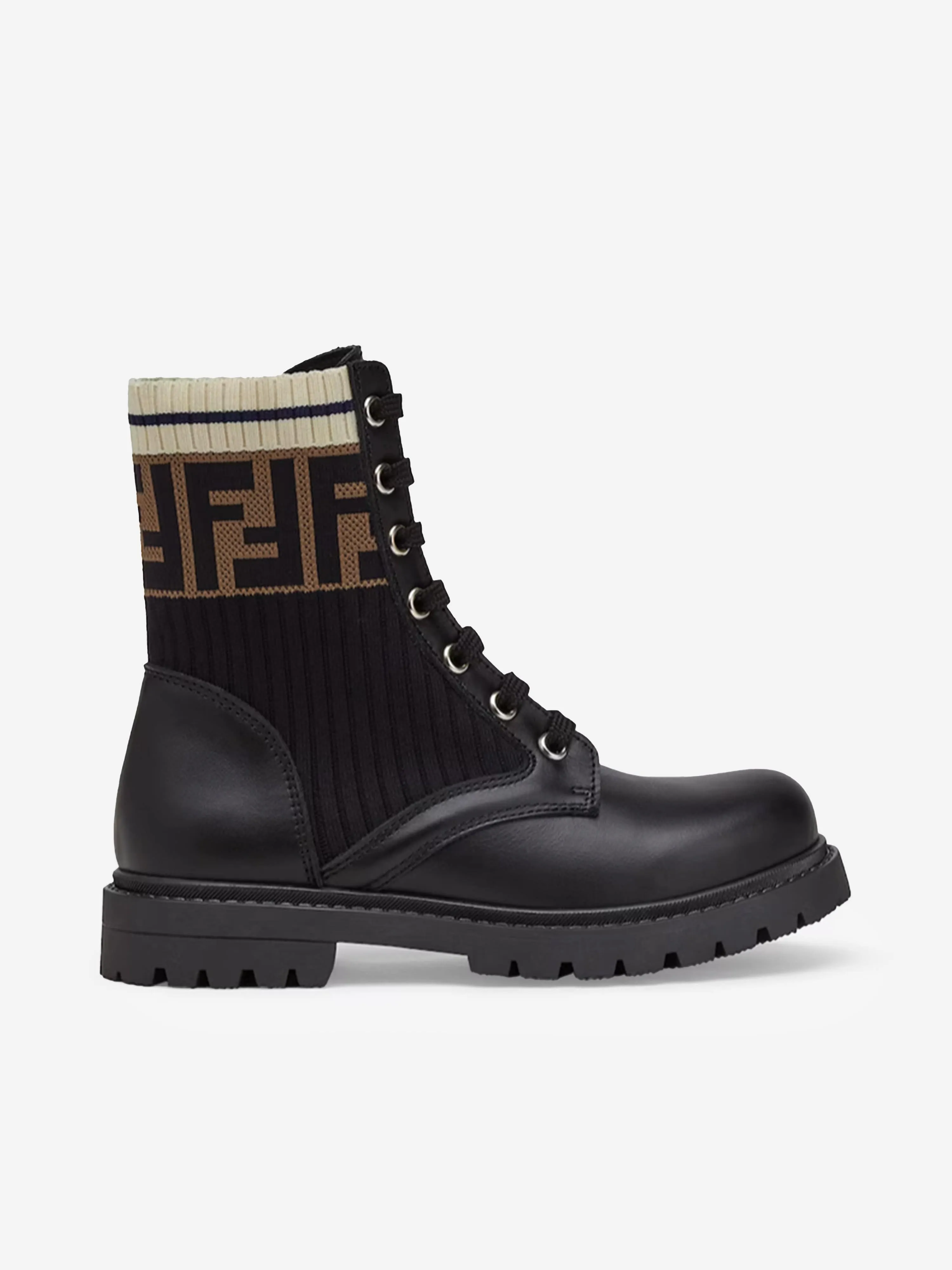 Fendi Kids Leather FF Logo Biker Boots in Black