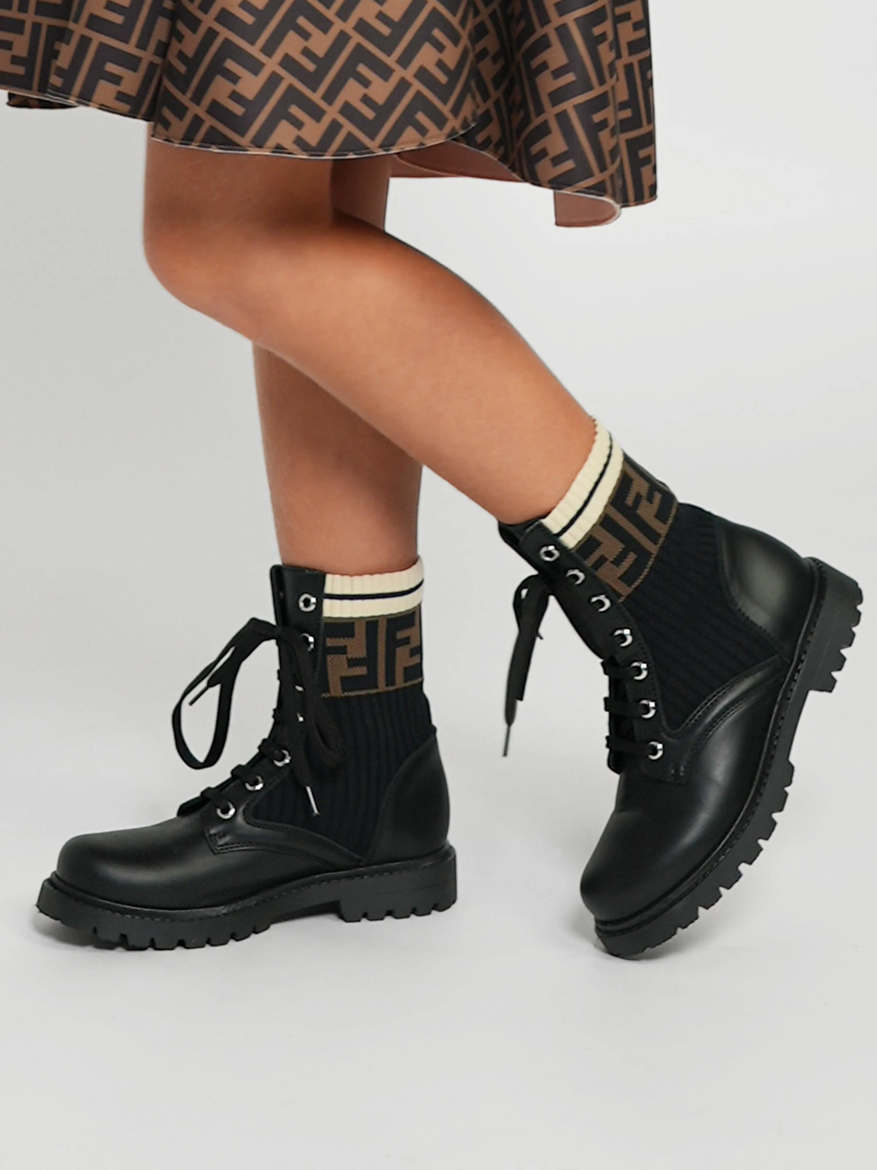 Fendi Kids Leather FF Logo Biker Boots in Black