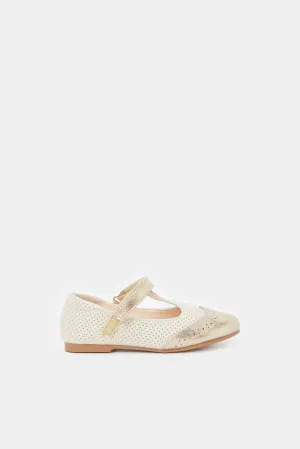 Girls Beige And Gold Embellished T-Bar Loafer