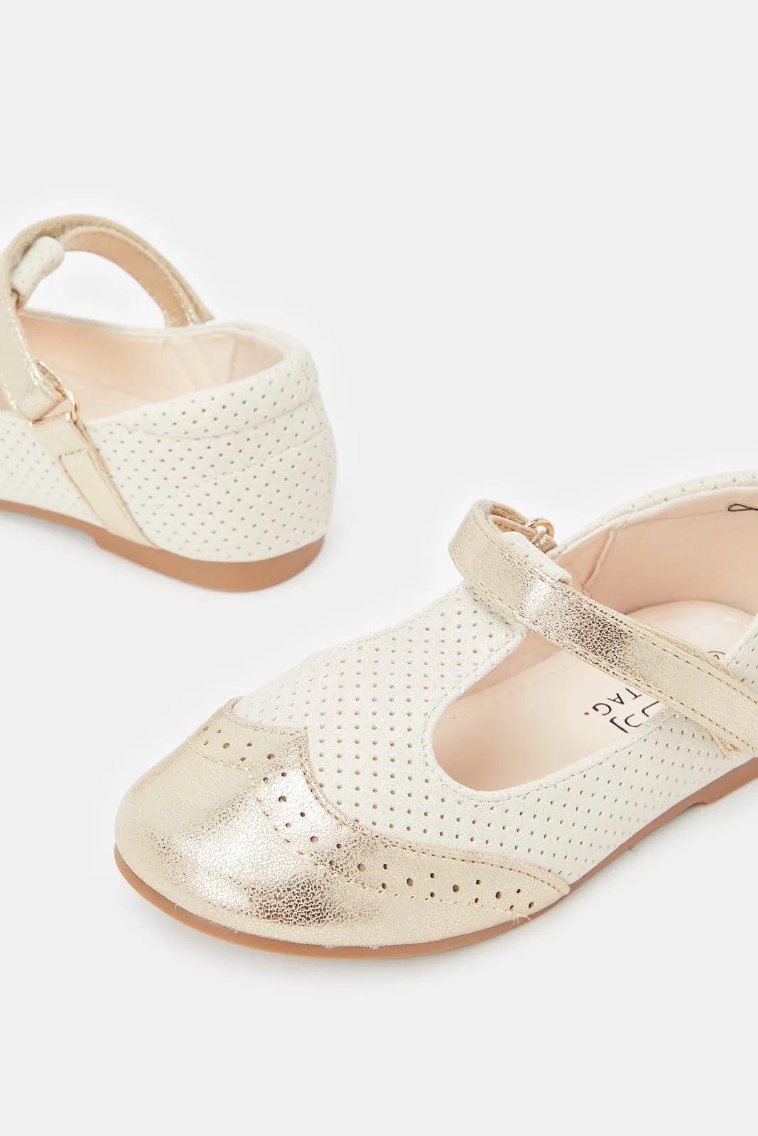 Girls Beige And Gold Embellished T-Bar Loafer