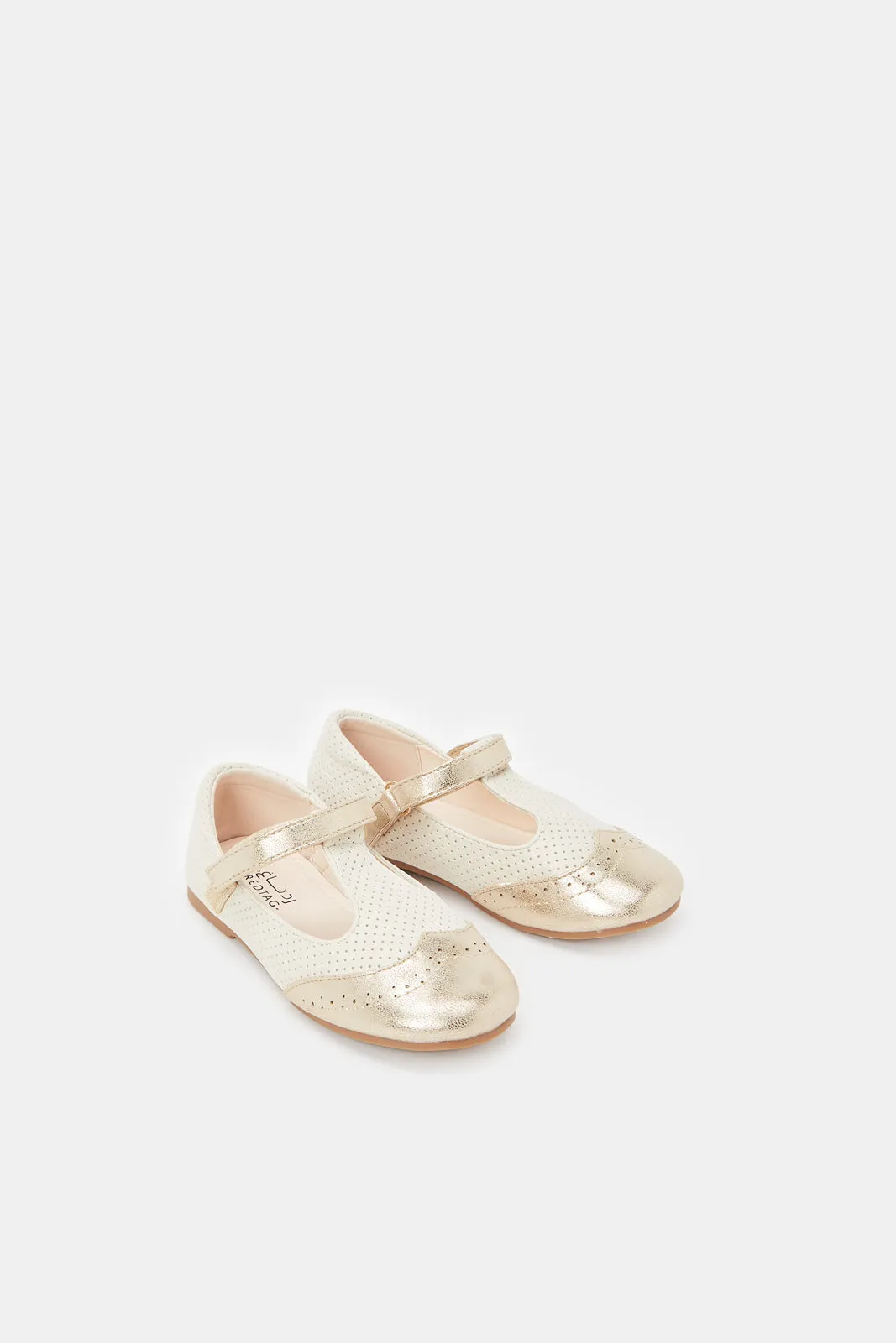 Girls Beige And Gold Embellished T-Bar Loafer