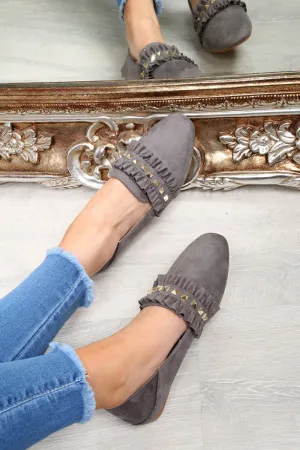 Grey Faux Suede Studded Loafers - Kenia