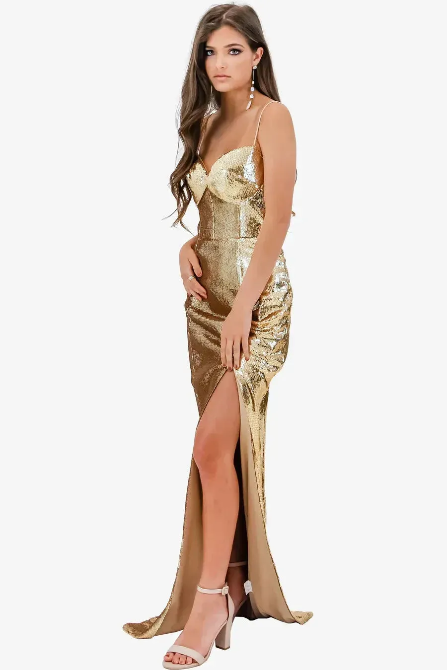 Jadore JX2044 Dazzling Gold Sequin Bustier Gown