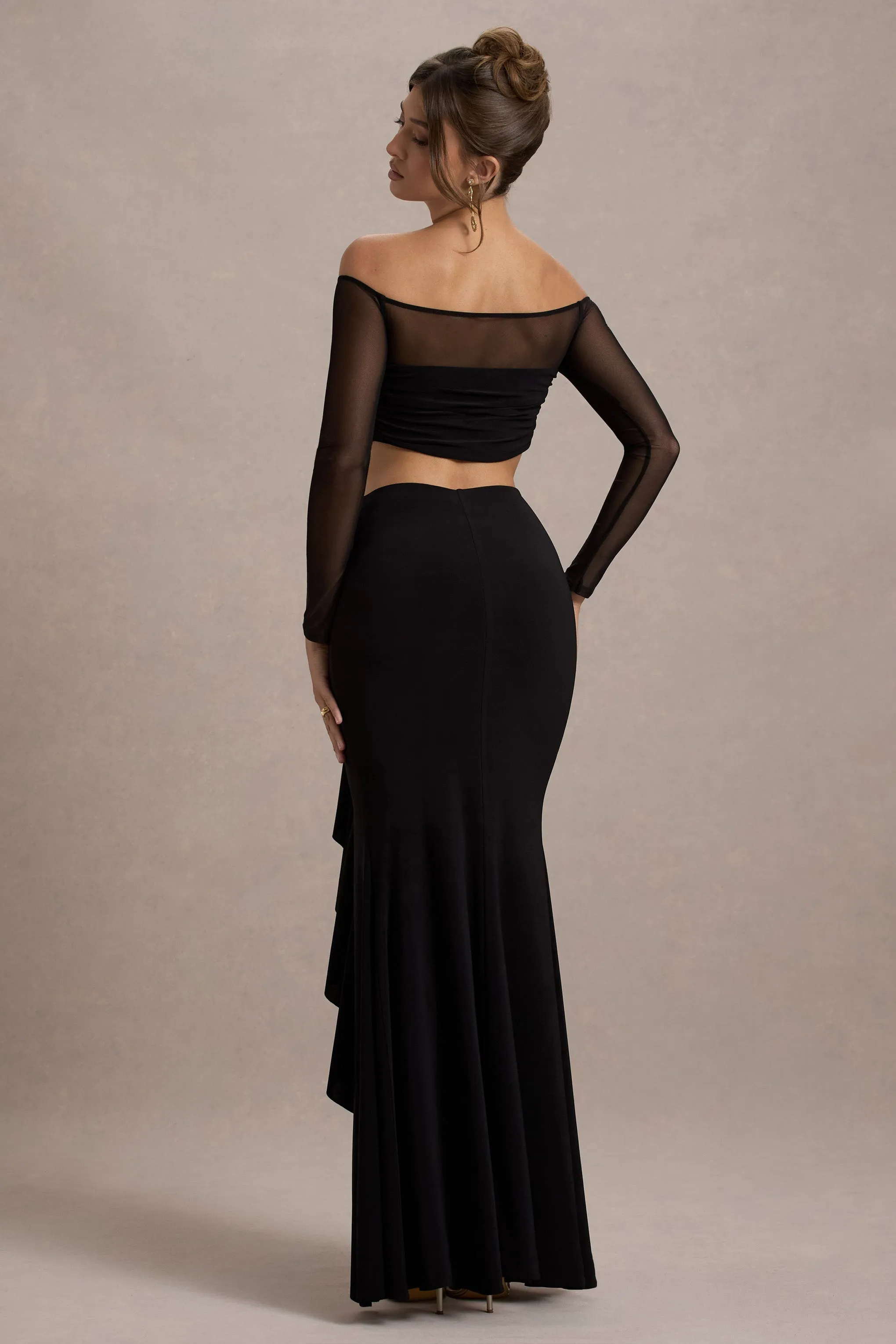 Kavi | Black Ruched Split Maxi Skirt