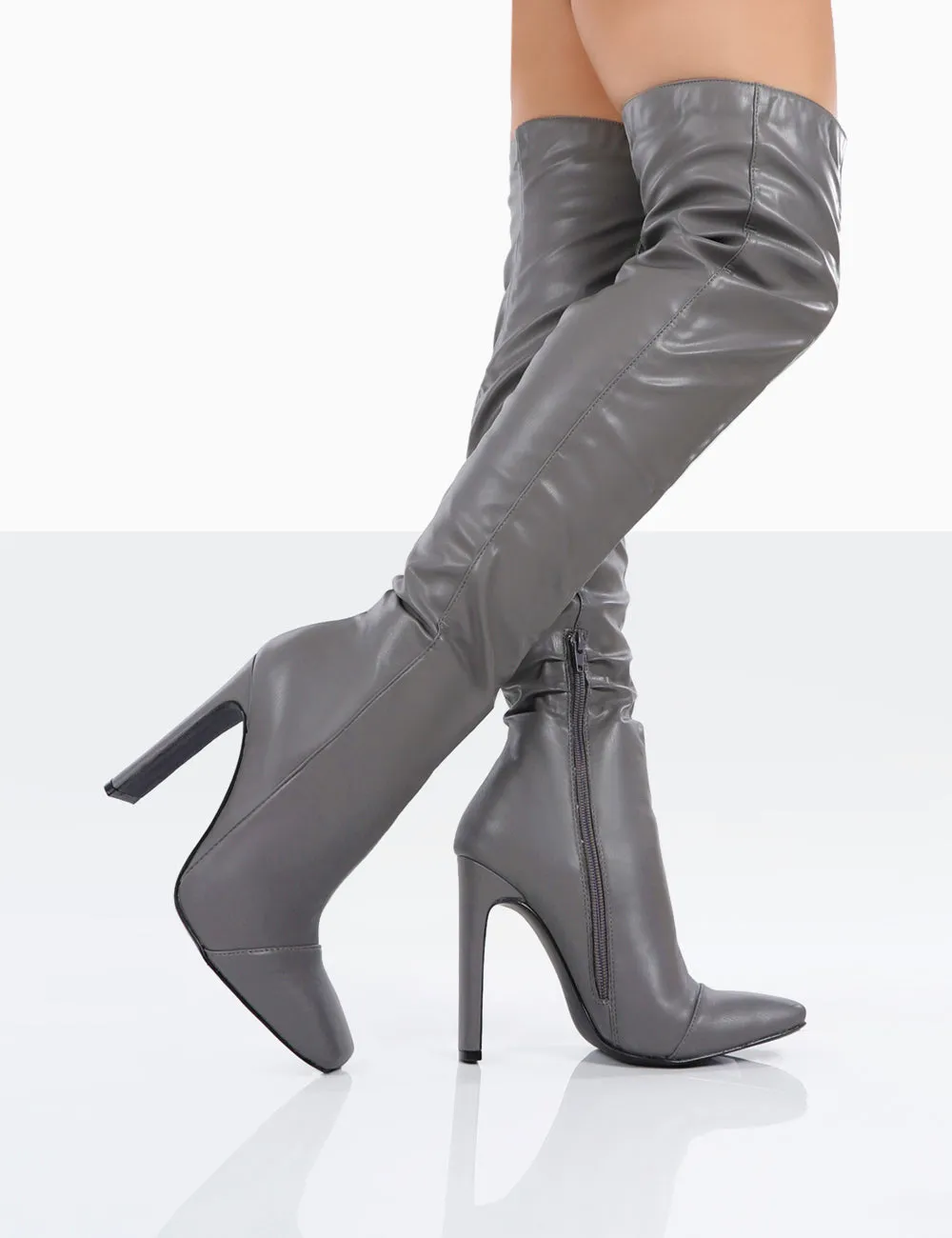 Kenza X Public Desire Pyrite Grey Patent over the Knee Heeled Boots