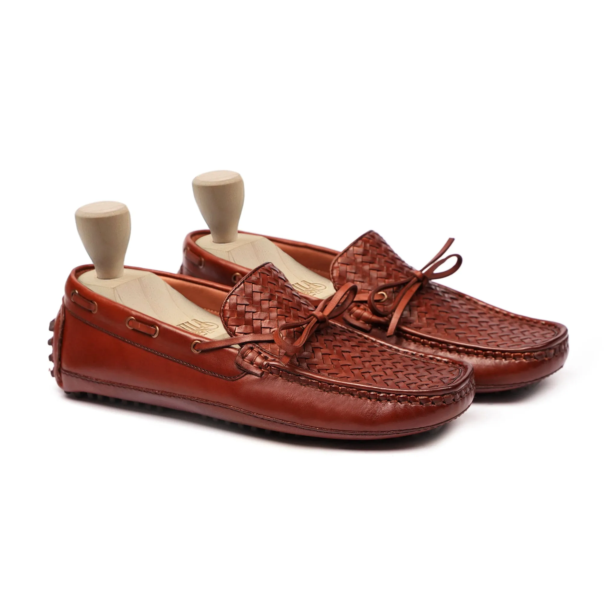 Matsuko - Men's Orange Tan Hand Woven Calf Leather Driver Shoe