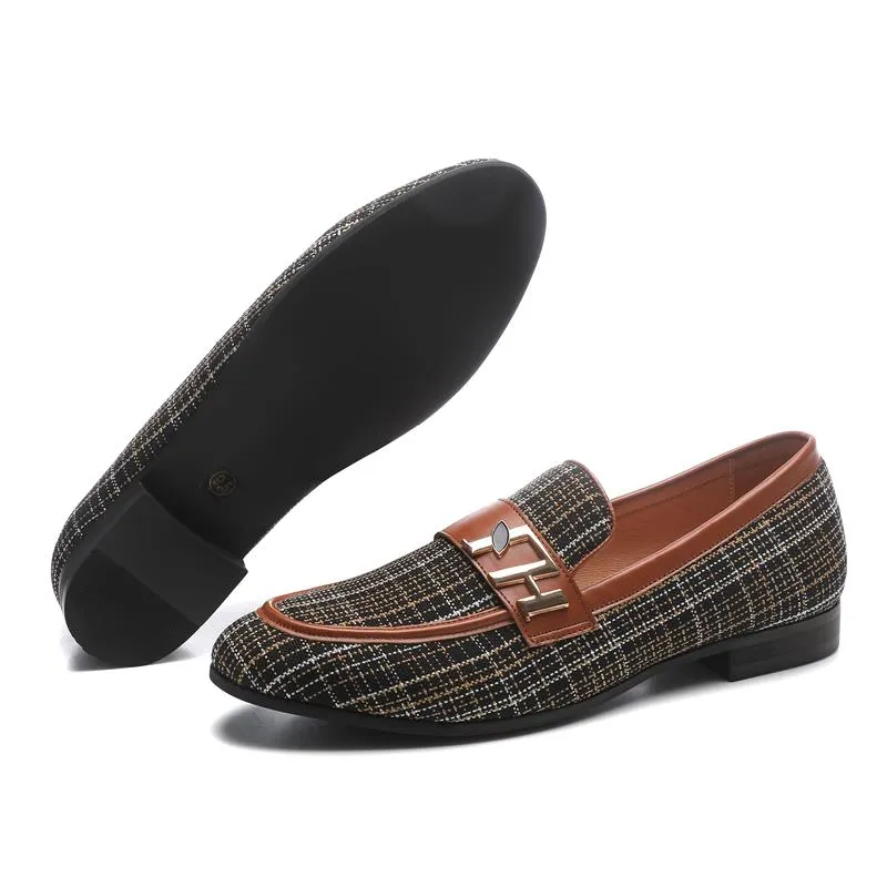 Metal Buckle Plaid Slip-On Loafers