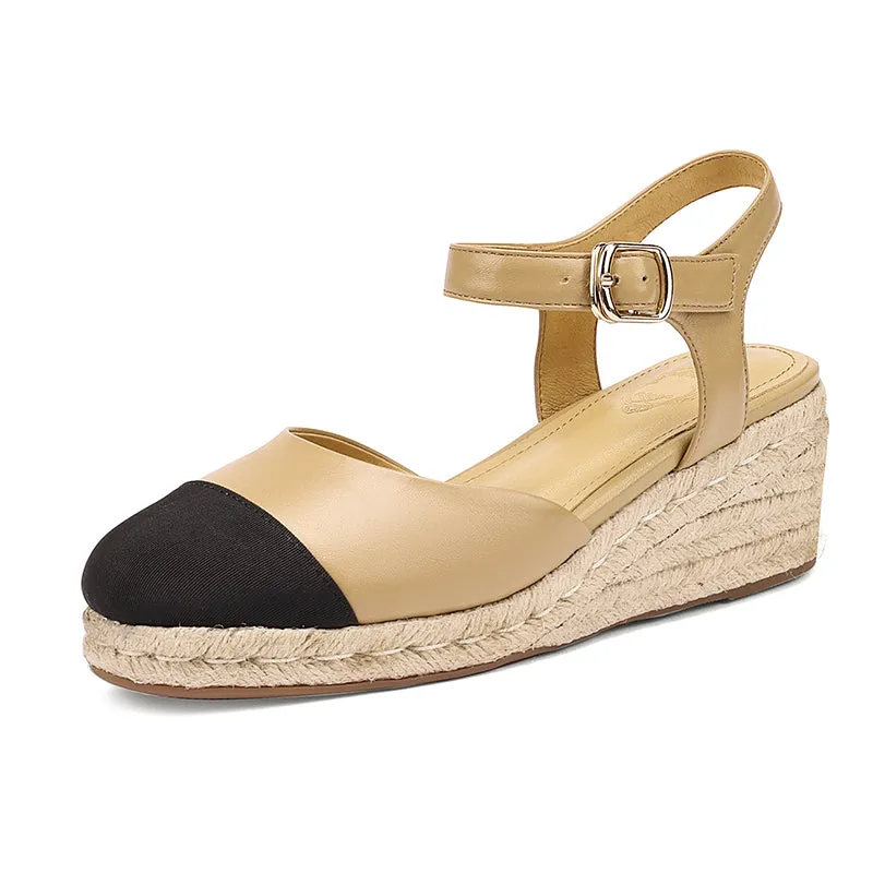 Slingback Espadrille-Wedge Leather Sandals in Beige/Black/Apricot