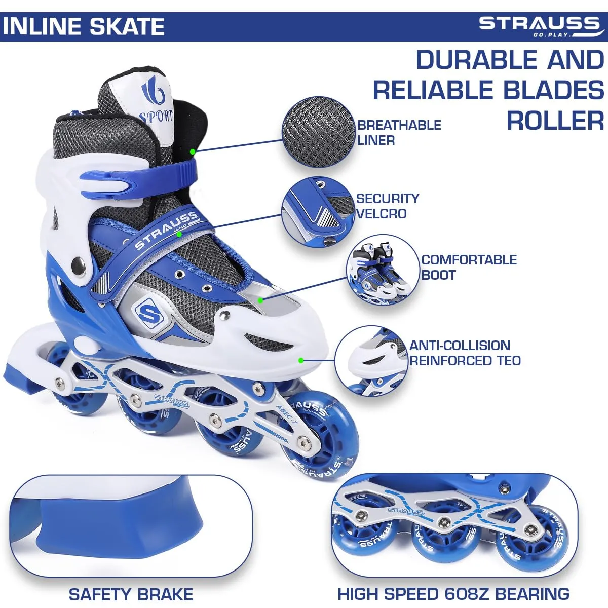 STRAUSS Vortex Adjustable Size Inline Skates | Skating Shoes for Boys & Girls | 4 Wheels |Beginner-Friendly Skating Shoe | Adjustable Roller Blades | Enhanced Stability and Support| Size L,(Blue)