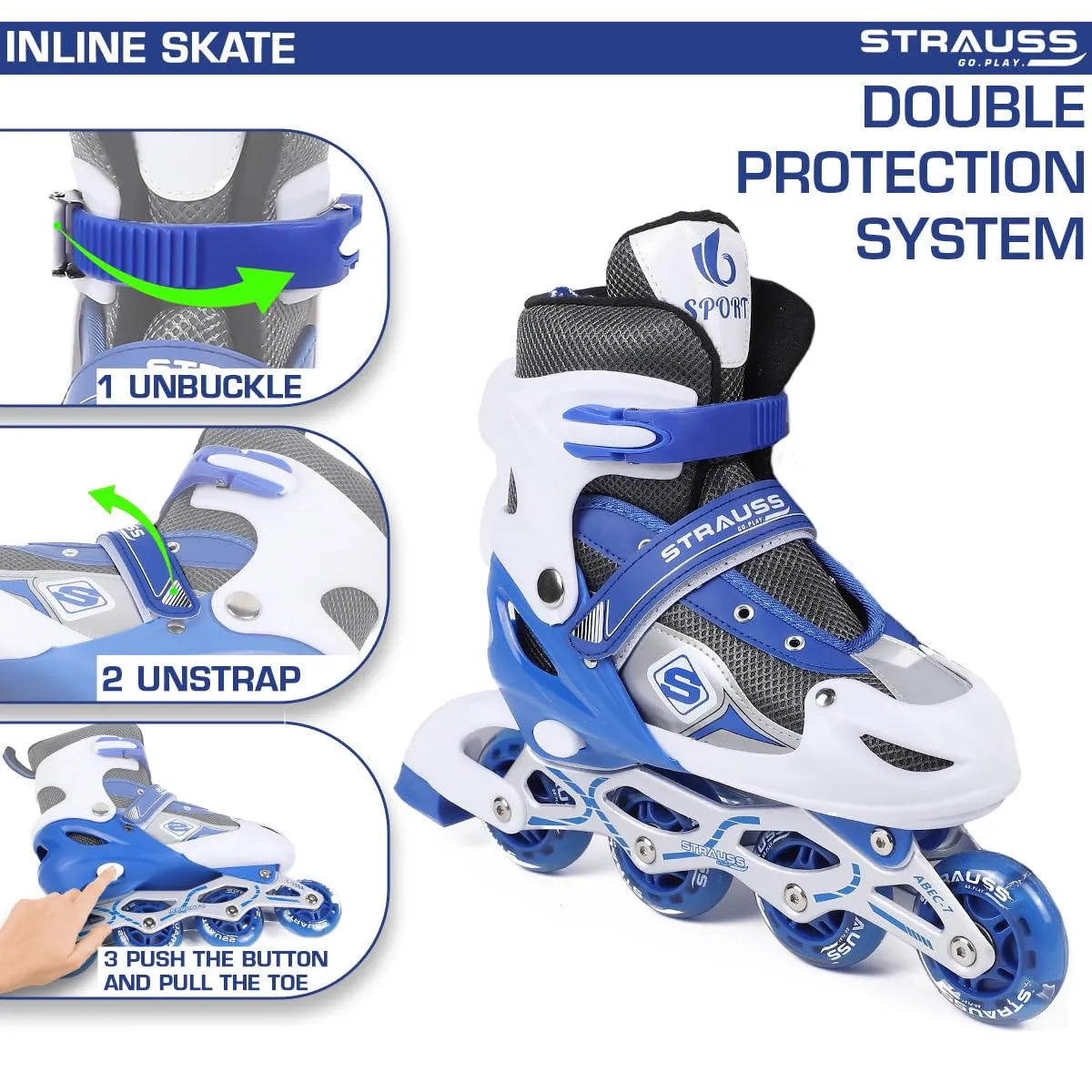 STRAUSS Vortex Adjustable Size Inline Skates | Skating Shoes for Boys & Girls | 4 Wheels |Beginner-Friendly Skating Shoe | Adjustable Roller Blades | Enhanced Stability and Support| Size L,(Blue)