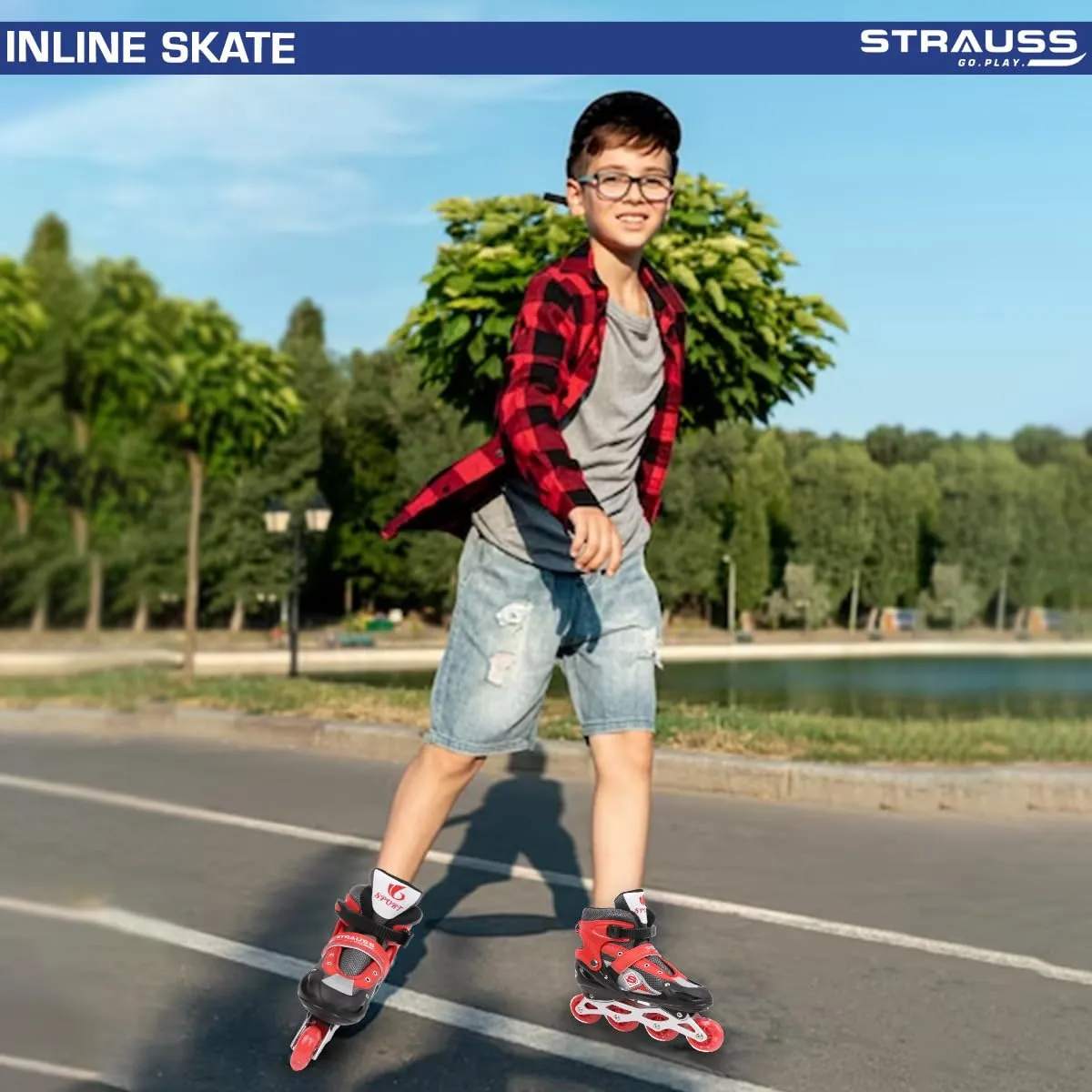 STRAUSS Vortex Adjustable Size Inline Skates | Skating Shoes for Boys & Girls | 4 Wheels |Beginner-Friendly Skating Shoe | Adjustable Roller Blades | Enhanced Stability and Support| Size M,(Red)