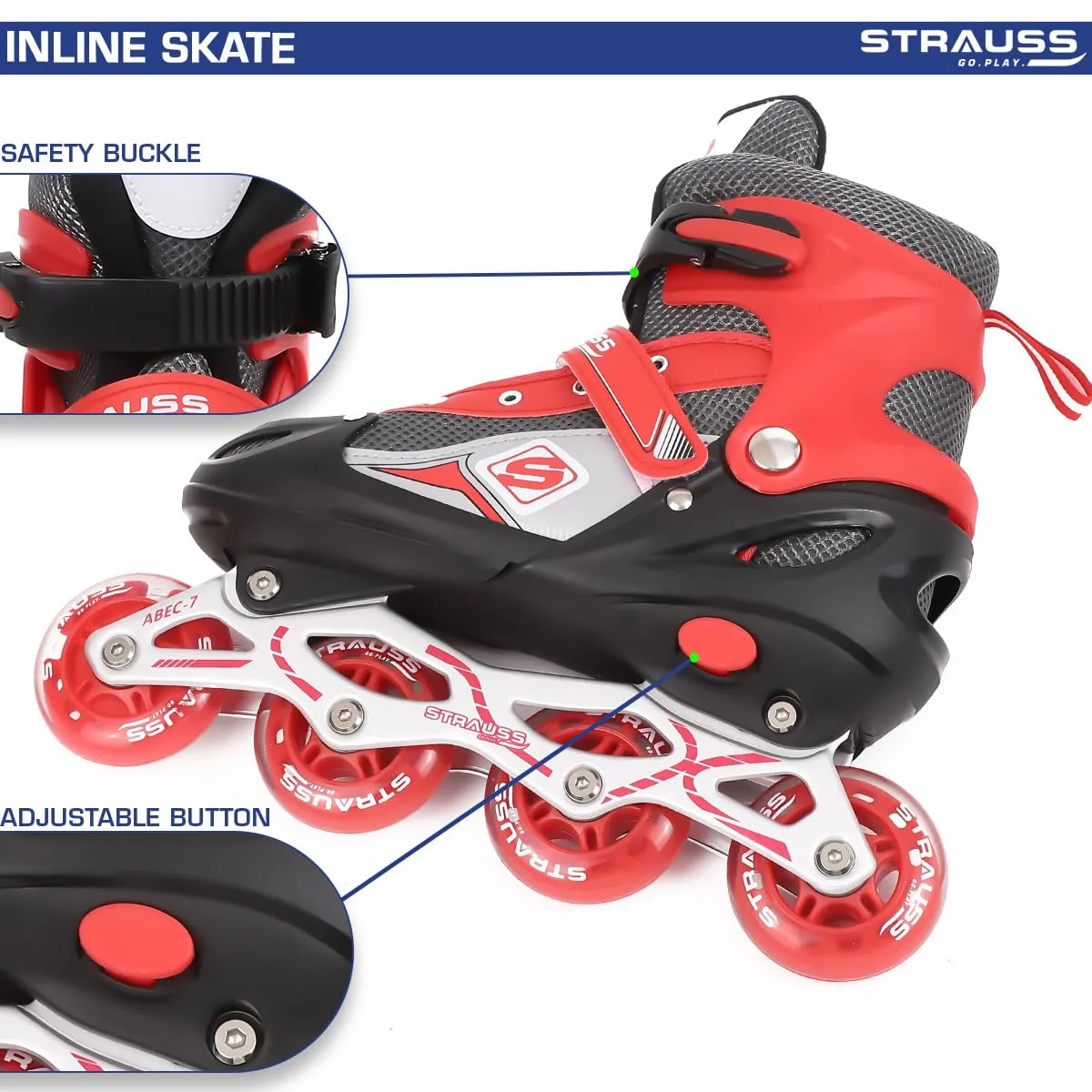 STRAUSS Vortex Adjustable Size Inline Skates | Skating Shoes for Boys & Girls | 4 Wheels |Beginner-Friendly Skating Shoe | Adjustable Roller Blades | Enhanced Stability and Support| Size M,(Red)