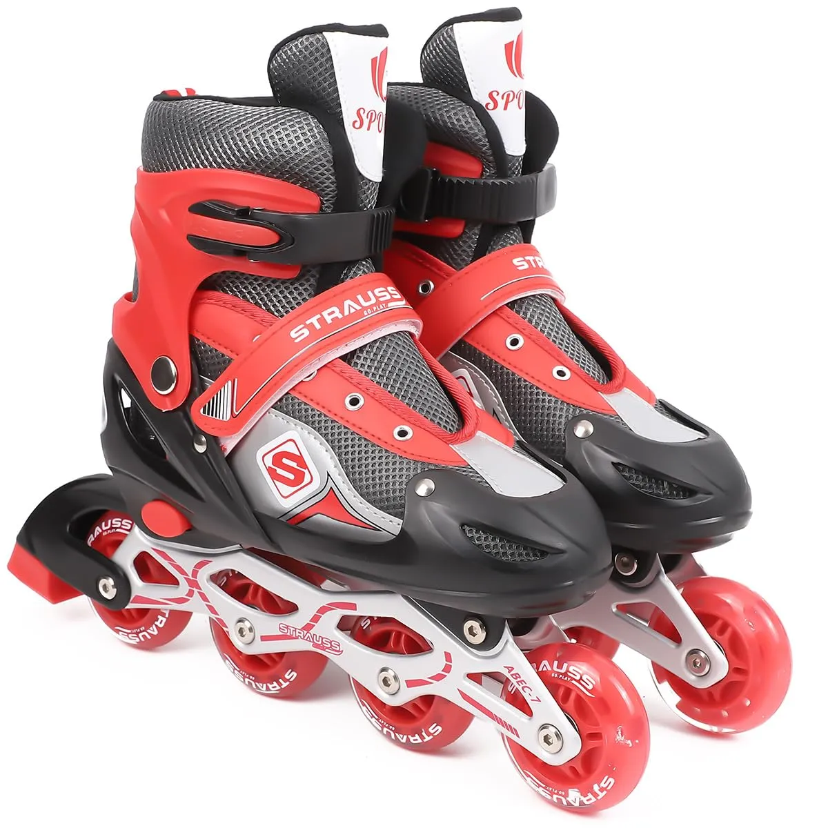 STRAUSS Vortex Adjustable Size Inline Skates | Skating Shoes for Boys & Girls | 4 Wheels |Beginner-Friendly Skating Shoe | Adjustable Roller Blades | Enhanced Stability and Support| Size M,(Red)