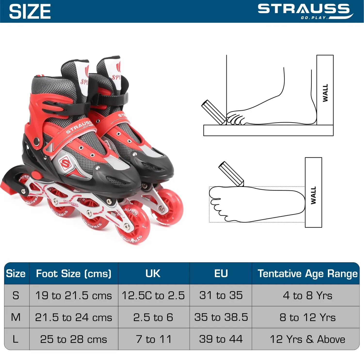 STRAUSS Vortex Adjustable Size Inline Skates | Skating Shoes for Boys & Girls | 4 Wheels |Beginner-Friendly Skating Shoe | Adjustable Roller Blades | Enhanced Stability and Support| Size M,(Red)