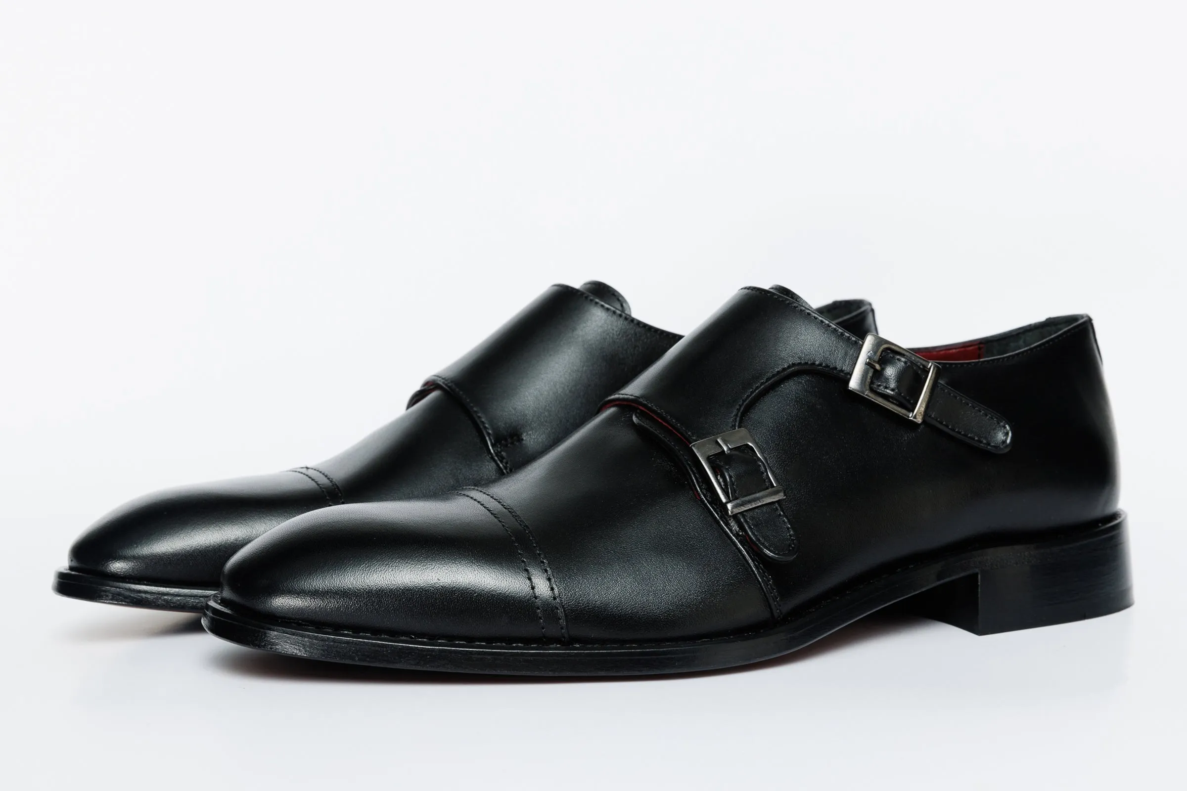 The Essen Black Leather Cap Toe Double Monk Strap Men Shoe