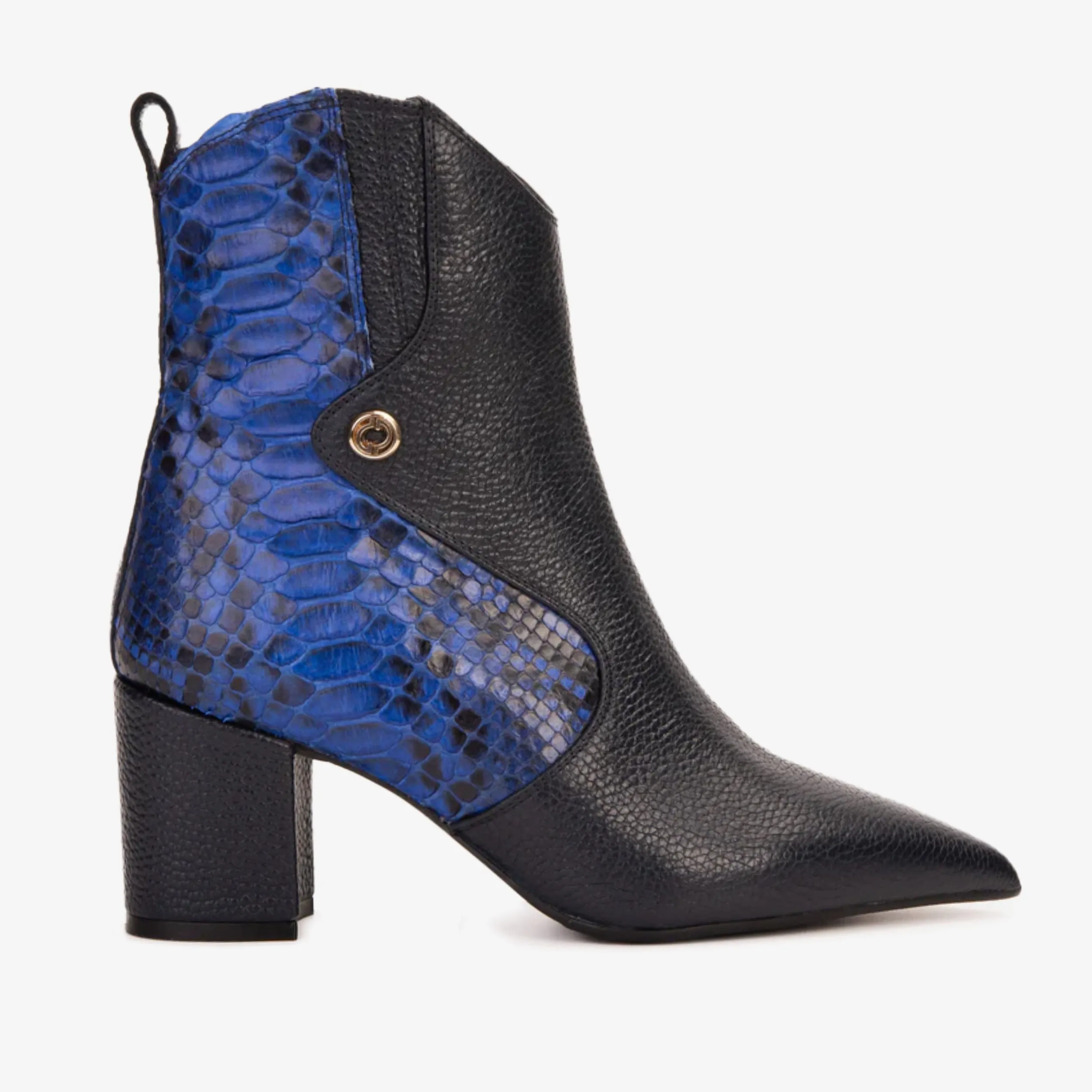 The Saturn Sax Blue Pythn Leather Block Heel  Women Boot