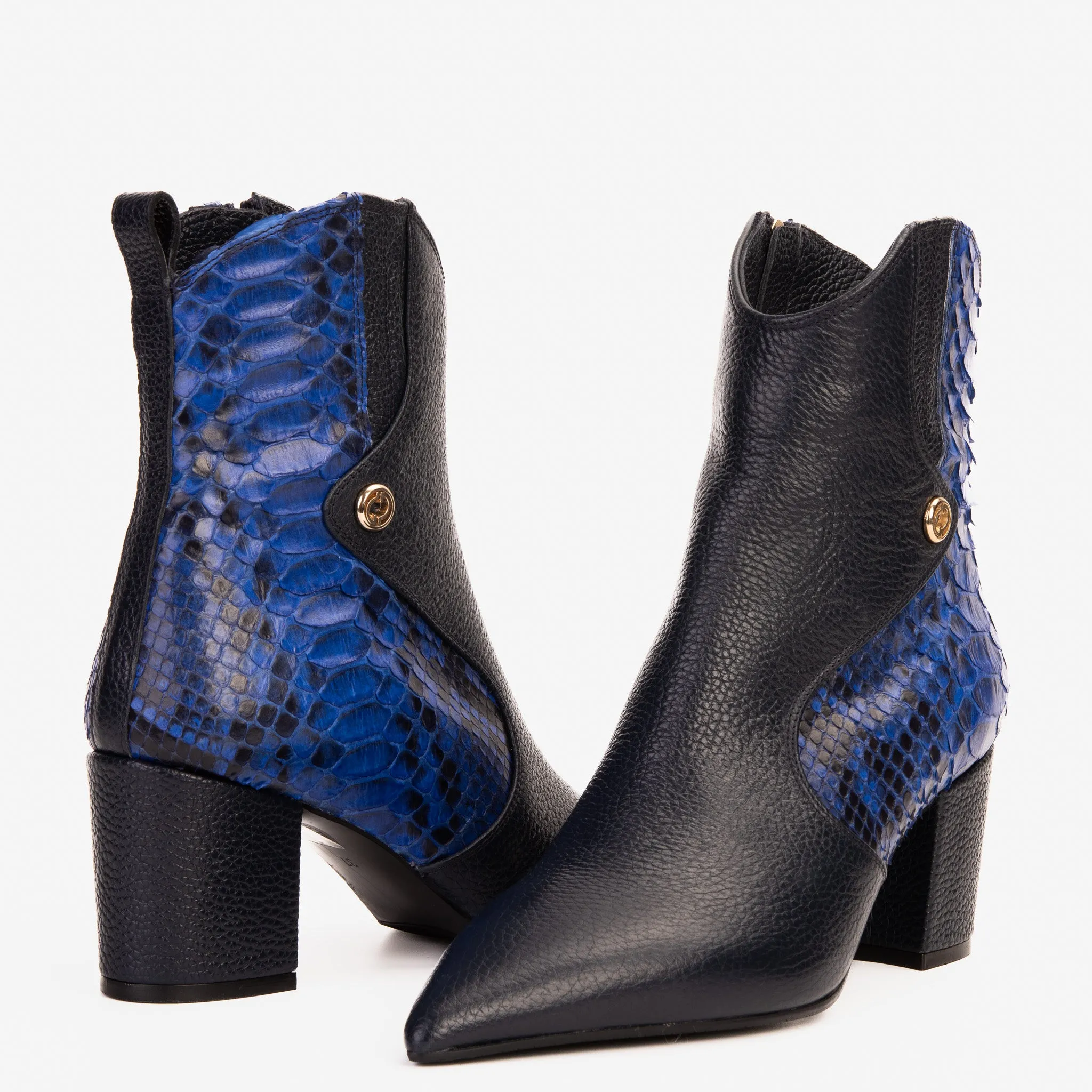 The Saturn Sax Blue Pythn Leather Block Heel  Women Boot