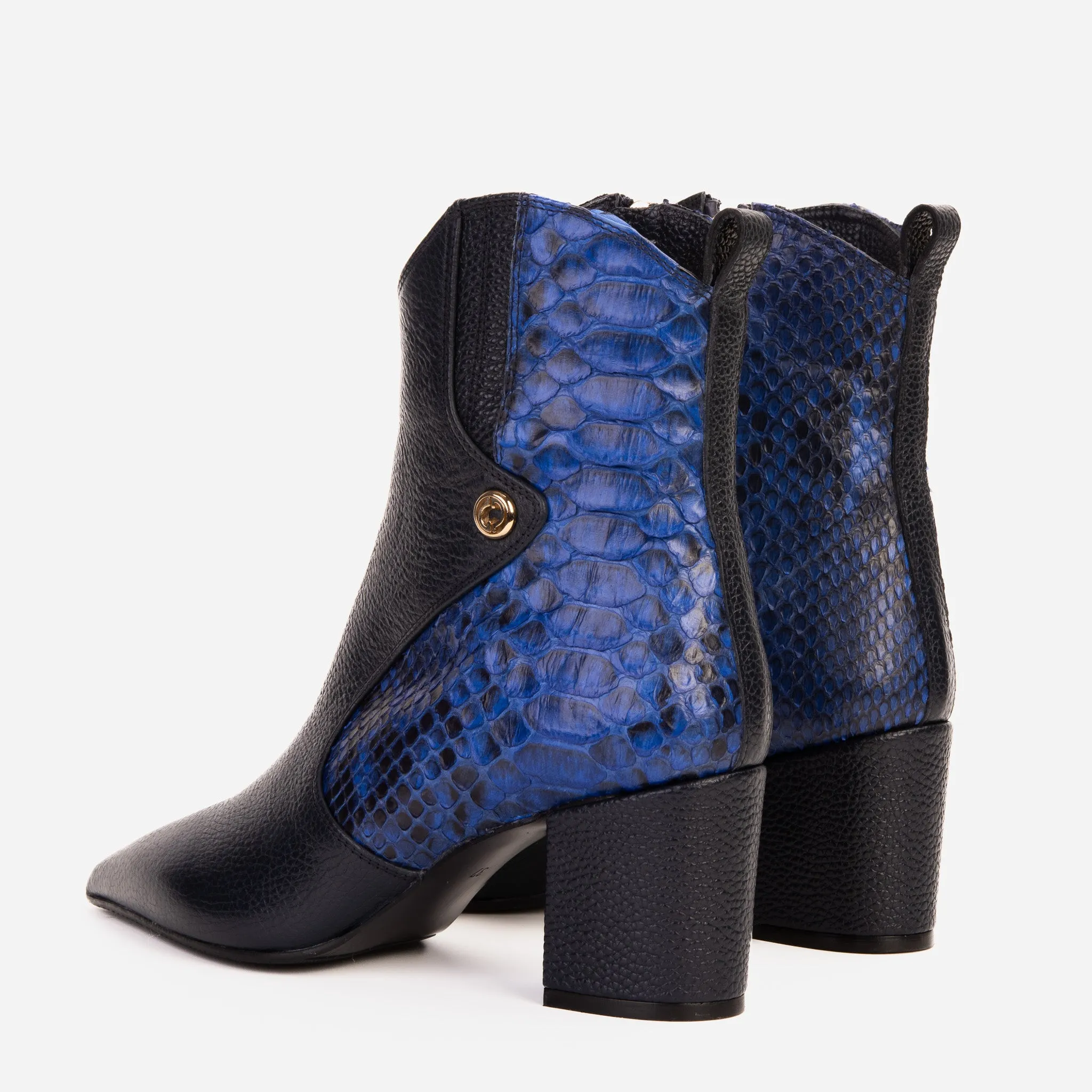 The Saturn Sax Blue Pythn Leather Block Heel  Women Boot