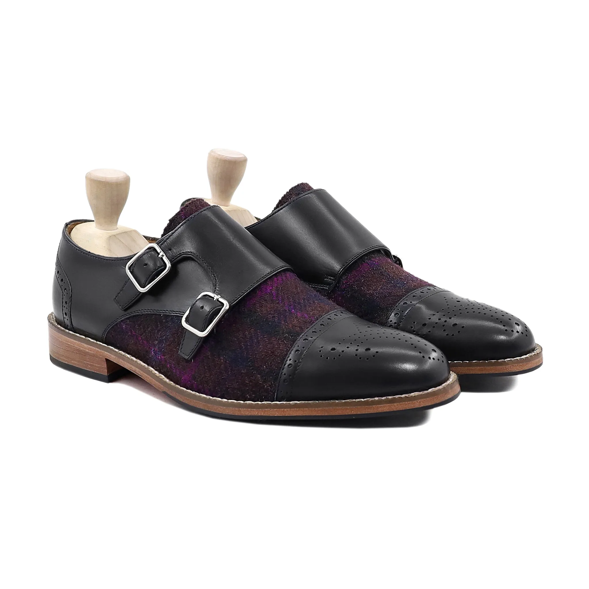 Treva - Men's Black Calf Leather and Harris Tweed Double Monkstrap