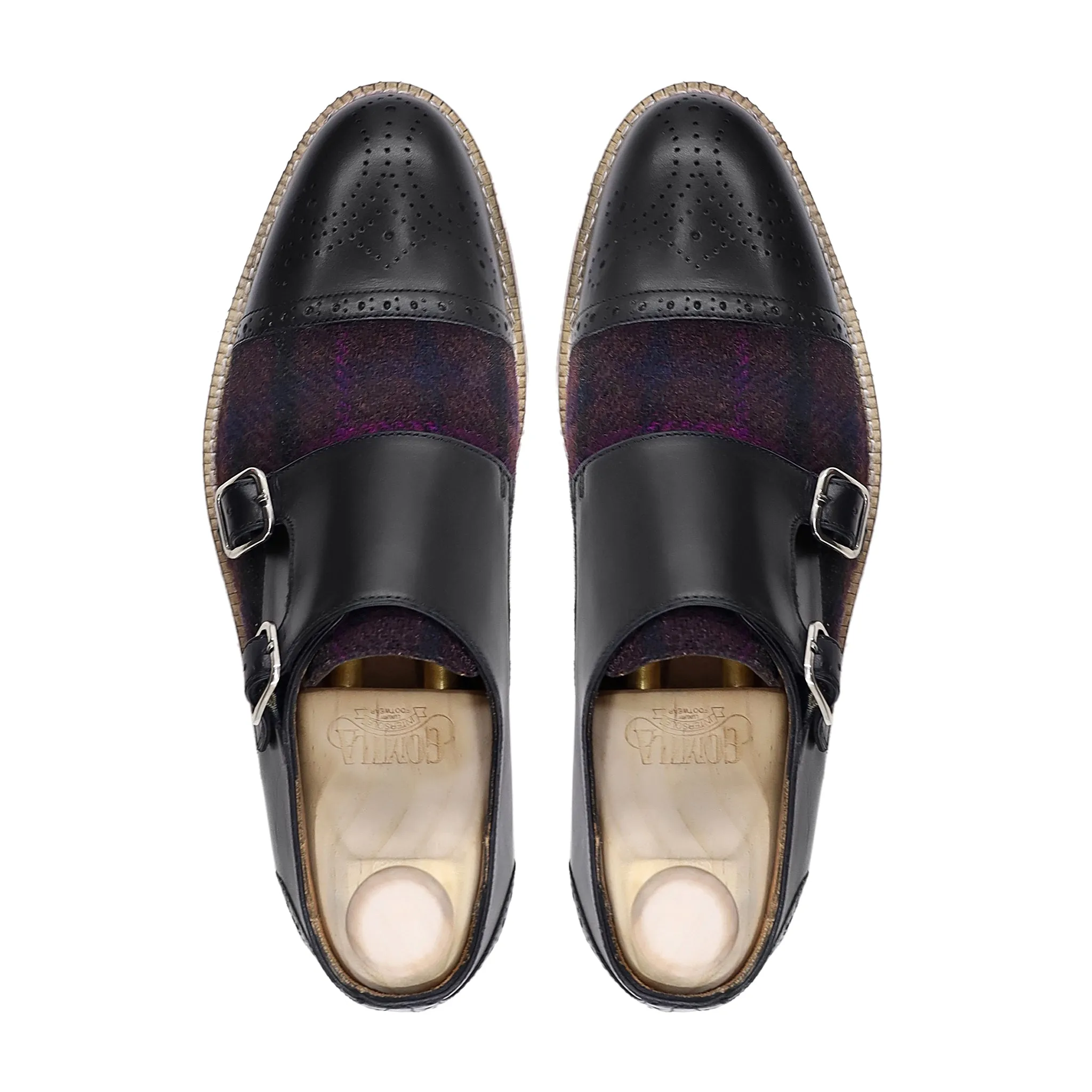 Treva - Men's Black Calf Leather and Harris Tweed Double Monkstrap