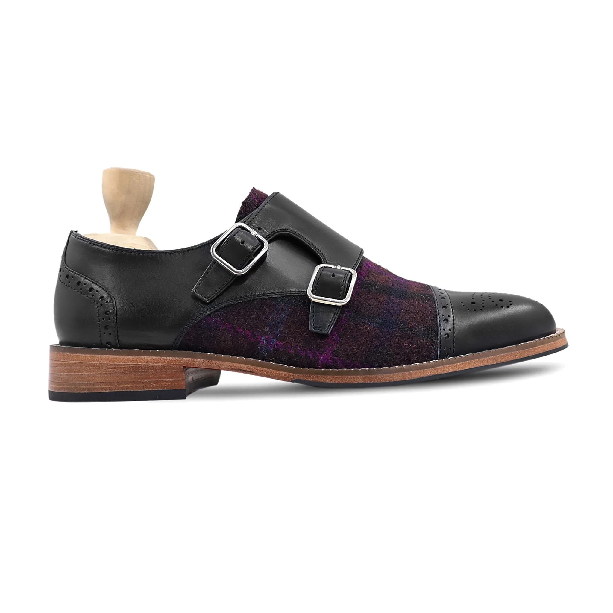 Treva - Men's Black Calf Leather and Harris Tweed Double Monkstrap