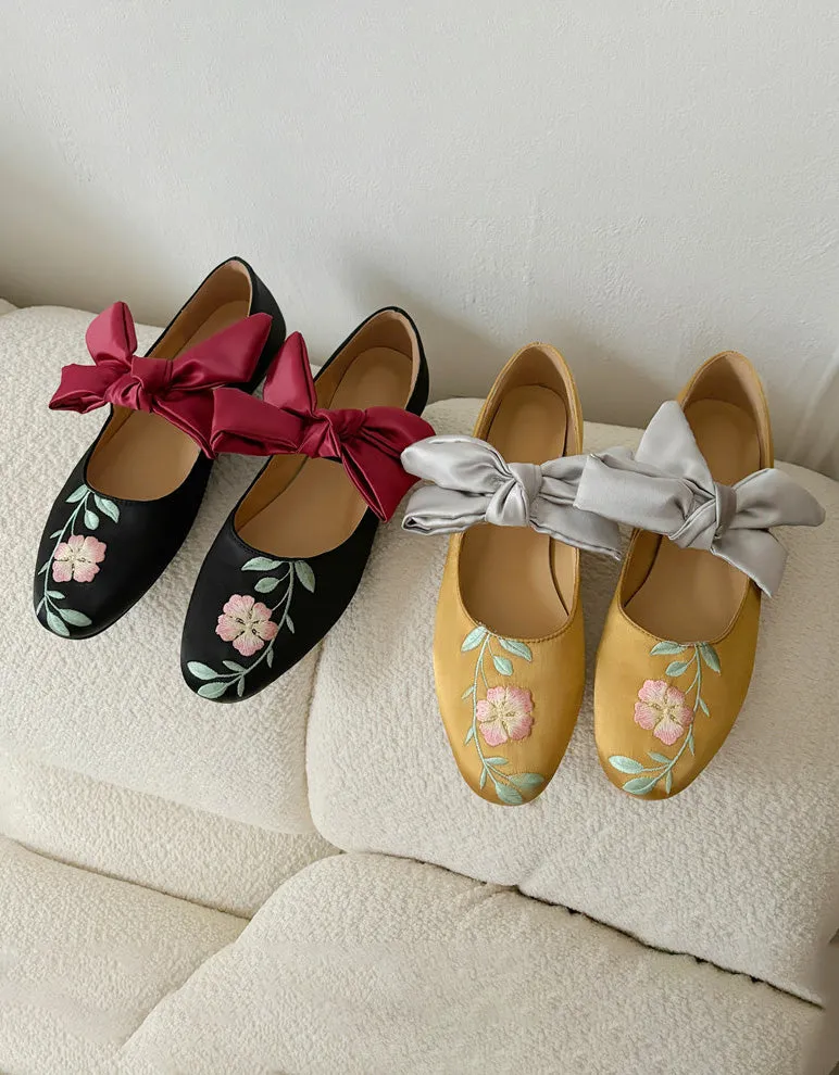 Vintage Bowknot Strap  Satin Flower Embroidered Flats