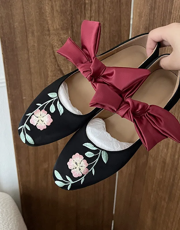 Vintage Bowknot Strap  Satin Flower Embroidered Flats