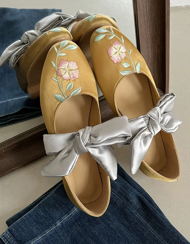 Vintage Bowknot Strap  Satin Flower Embroidered Flats