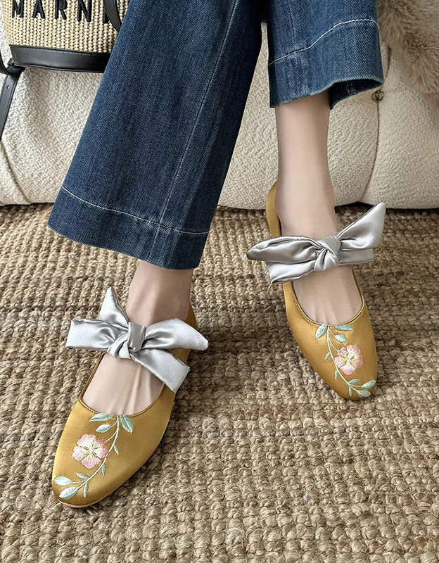 Vintage Bowknot Strap  Satin Flower Embroidered Flats