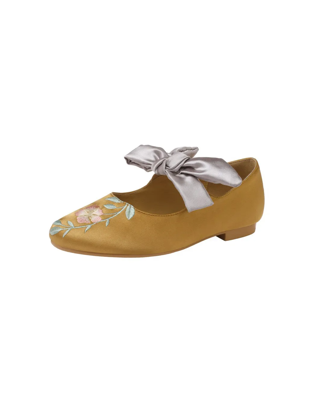 Vintage Bowknot Strap  Satin Flower Embroidered Flats