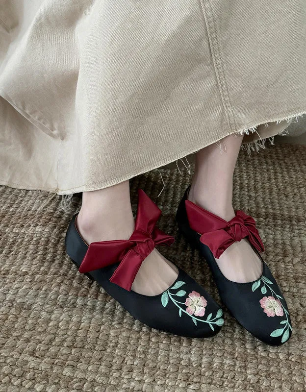 Vintage Bowknot Strap  Satin Flower Embroidered Flats