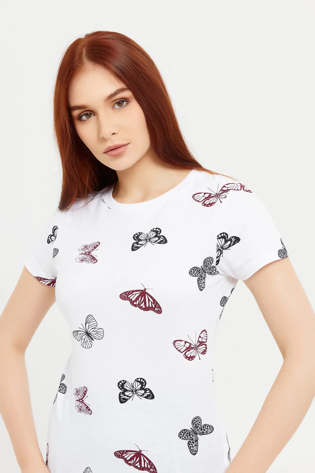 Women White Butterfly Print T-Shirt