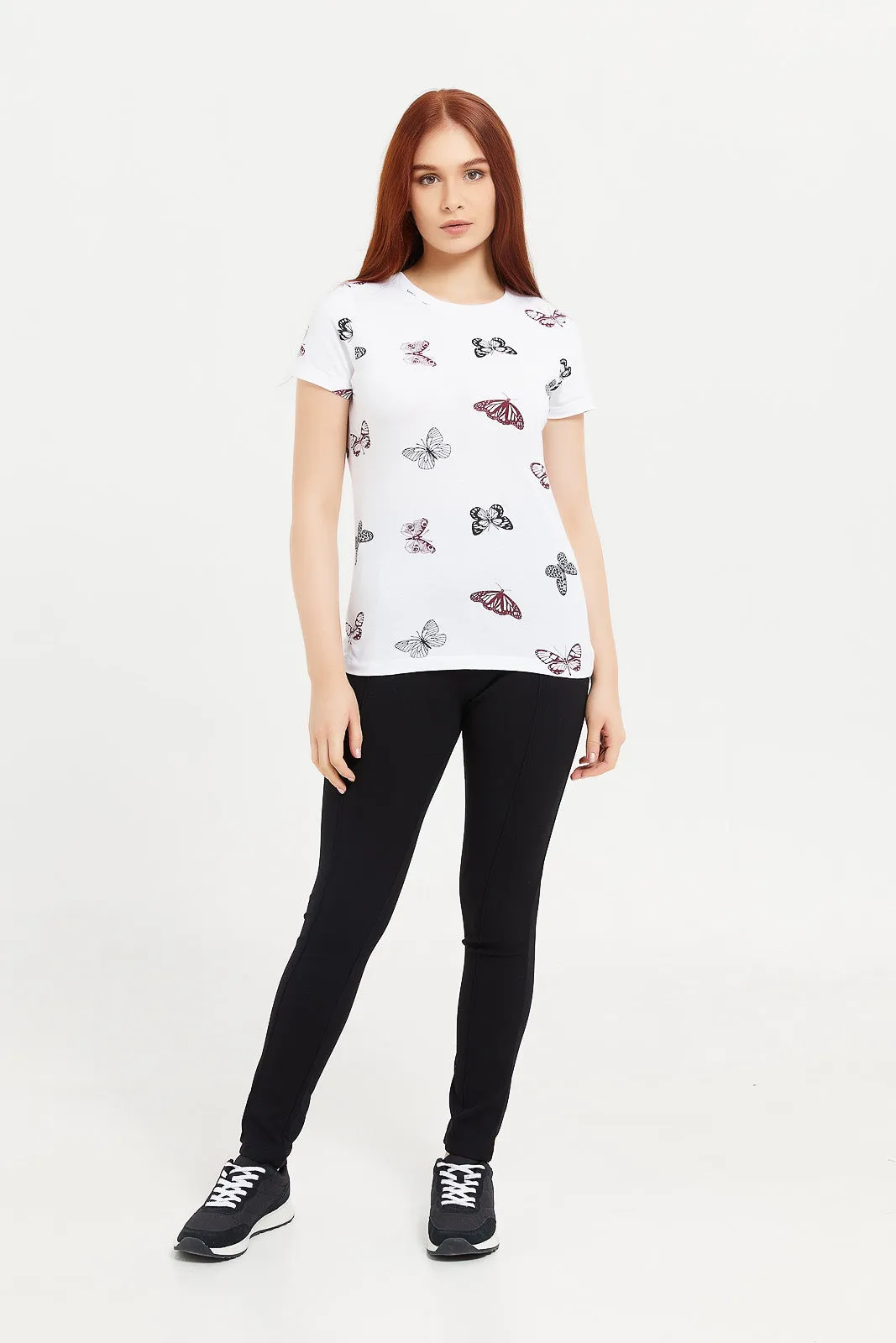 Women White Butterfly Print T-Shirt