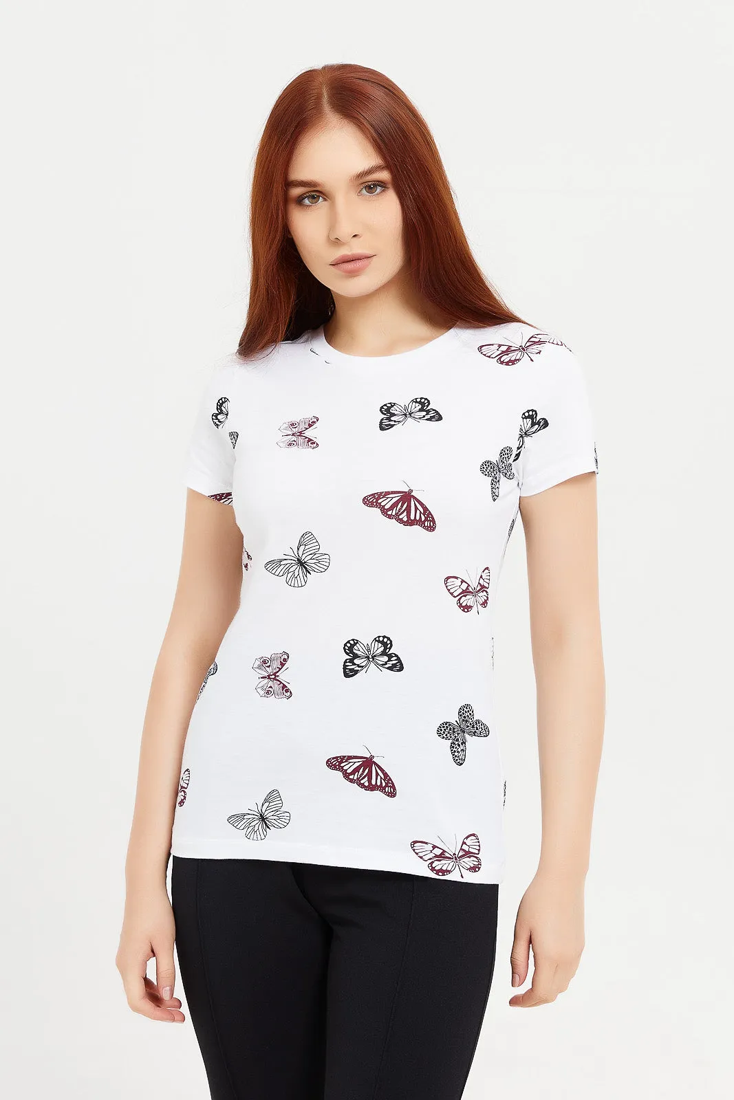 Women White Butterfly Print T-Shirt