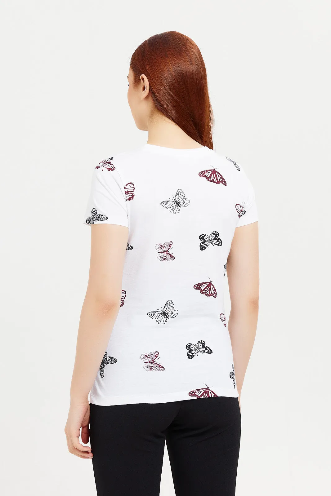 Women White Butterfly Print T-Shirt